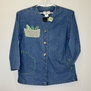 Vintage On the Rocks Womens Artsy Jean Jacket Medium Button Front Collarless USA
